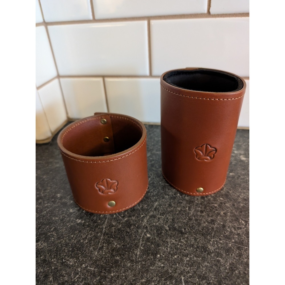 Col. Littleton Leather Koozie Set Brown Steerhide Drink Sleeves Brass Snaps